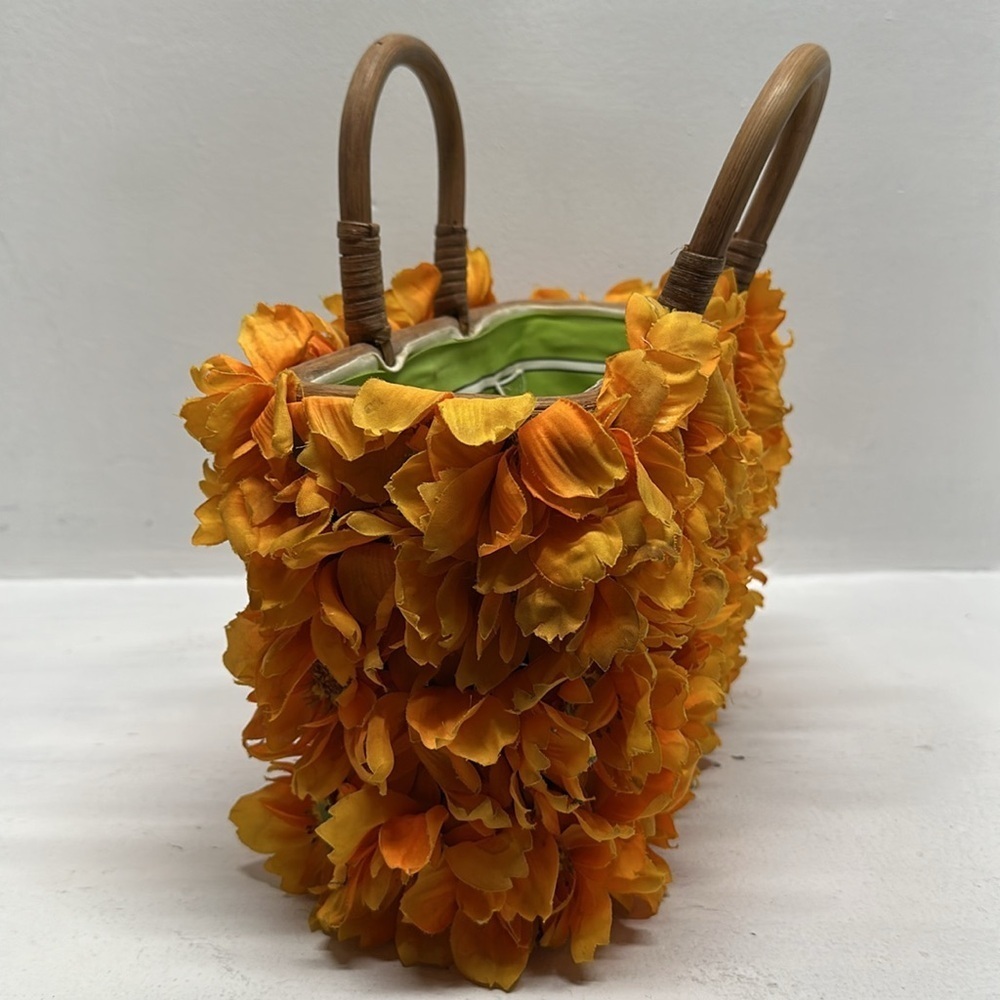 Gretchen Scott Floral Wicker Basket Bag Wooden Top Handles Purse Marigold Orange - Picture 5 of 9